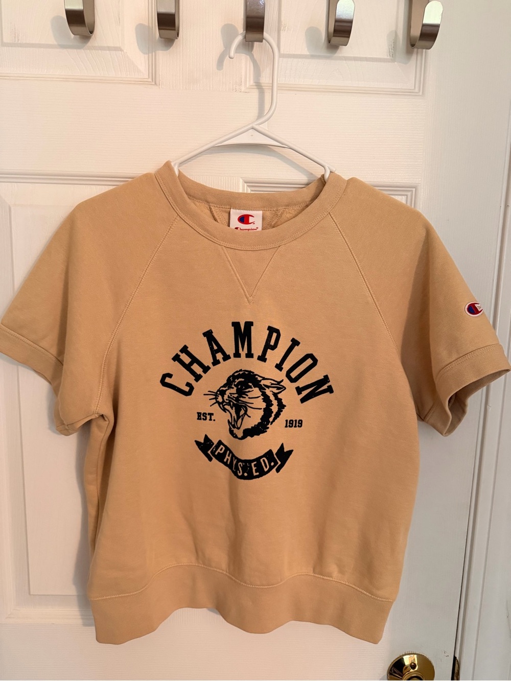 Champion Tan Short Sleeve Crew with Navy Graphic Tiger Logo